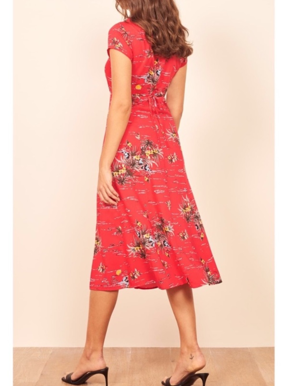 Reformation Denise Midi Dress Fuji Short Sleeve Red Tropical Hawaiian Retro M - Picture 5 of 11